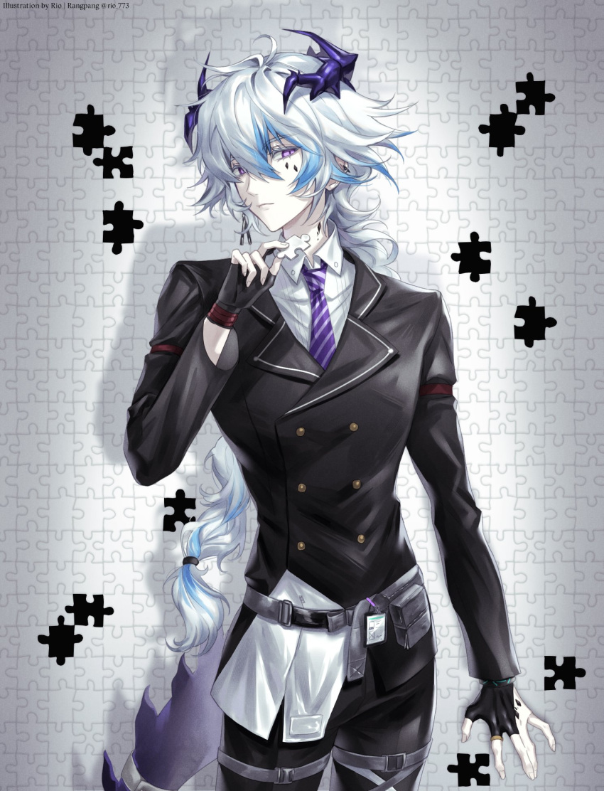 1boy, against_wall, arknights, belt, black_belt, black_gloves, black_vest, blue_hair