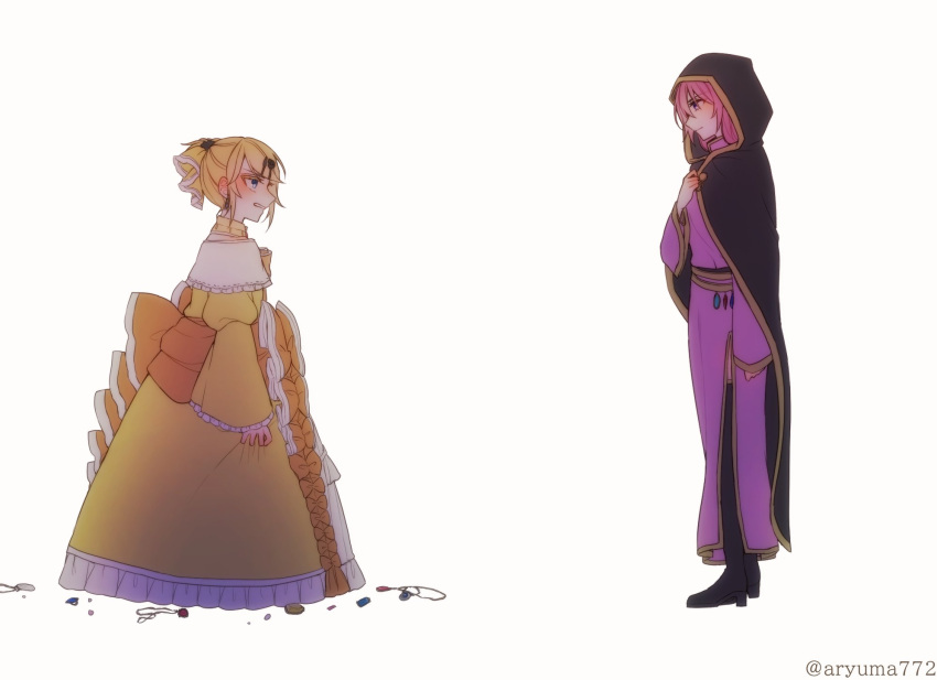 2girls, aku_no_musume_(vocaloid), amulet, angry, aryuma772, bare_shoulders, blonde_hair, boots