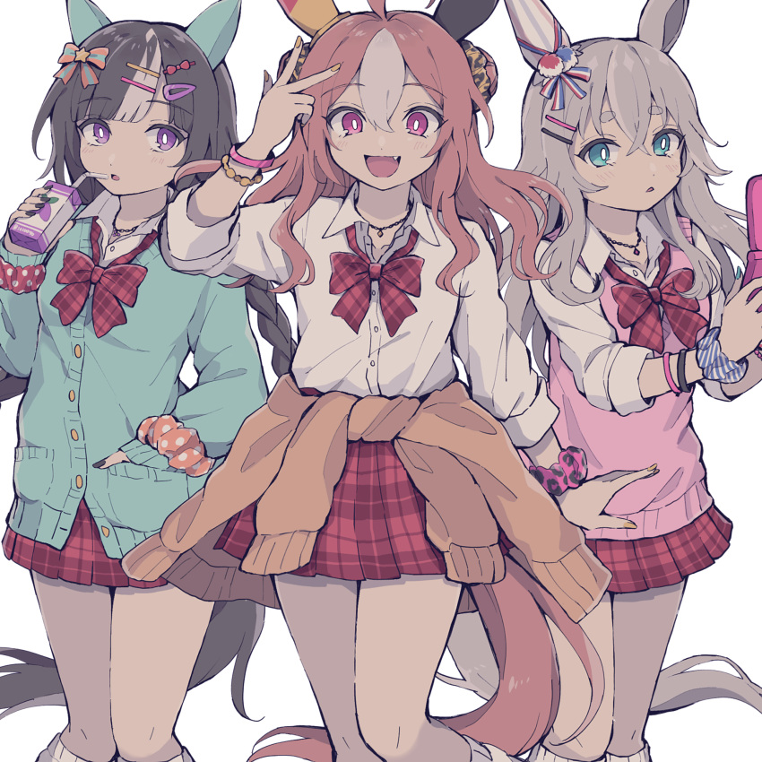 3girls, ?, ahoge, alternate_costume, animal_ears, beret, blue_cardigan, blue_eyes