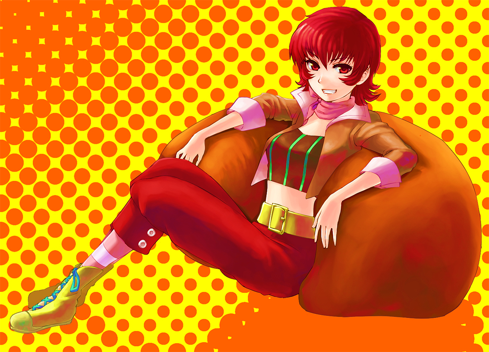 ascot, cropped_jacket, grin, halftone, halftone_background, iria_animi, midriff, murasaki_(ekyu), orange_(color), orange_background, red_eyes, red_hair, redhead, short_hair, smile, solo, tales_of_(series), tales_of_innocence, yellow_background