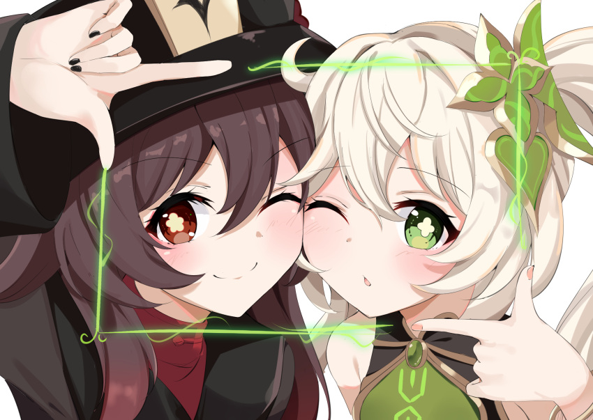 2girls, ;), black_jacket, black_nails, bracelet, brown_eyes, brown_hair, cheek-to-cheek