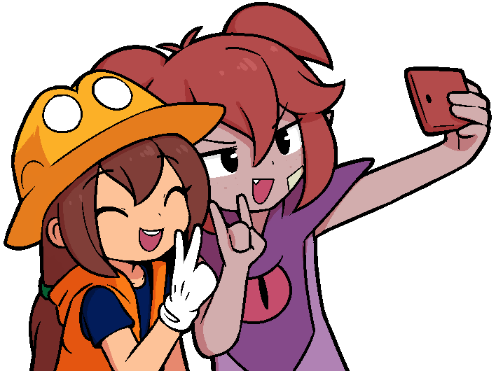 2girls, \n/, beebz_(demon_turf), black_eyes, brown_hair, cellphone, closed_eyes, commentary