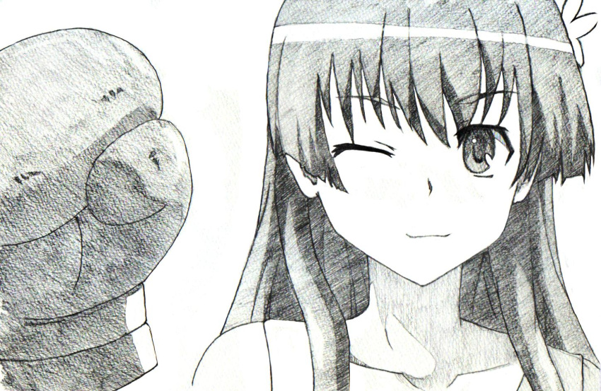 flower, hair_ornament, highres, long_hair, miamai, monochrome, saten_ruiko, sketch, smile, solo, to_aru_kagaku_no_railgun, to_aru_majutsu_no_index, traditional_media, wink