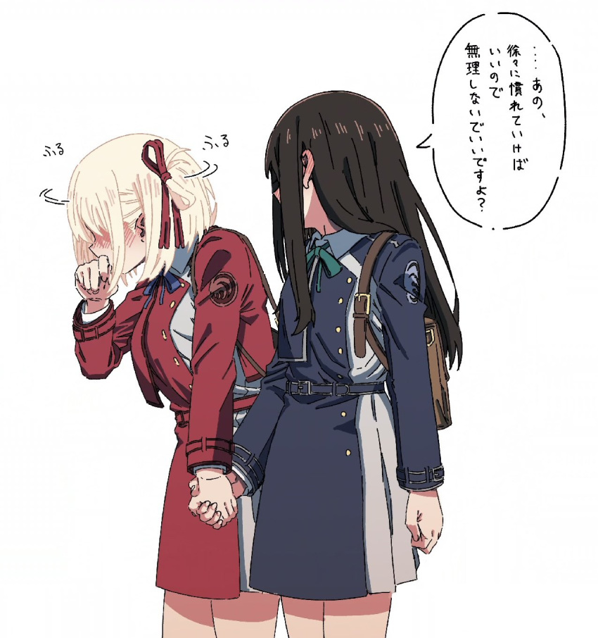 2girls, aqua_ribbon, backpack, bag, black_hair, blonde_hair, blue_dress, blue_ribbon