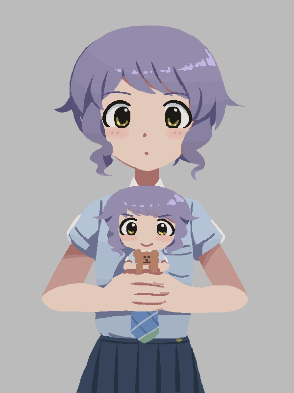 2girls, :o, blue_shirt, blue_skirt, blush_stickers, checkered_necktie, commentary, grey_background