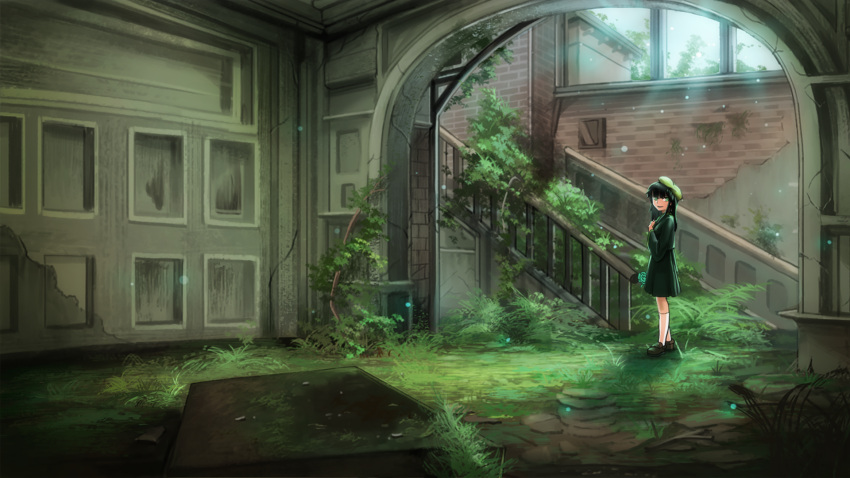 1girl, beret, black_hair, brown_footwear, dacper, full_body, green_eyes, green_headwear
