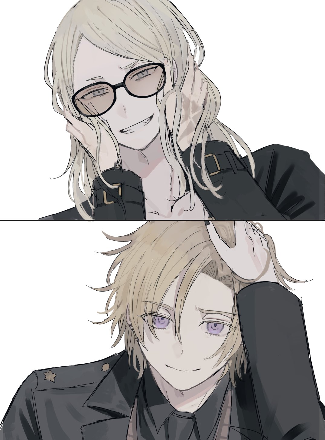 2boys, black_jacket, black_nails, blonde_hair, command_spell, daybit_sem_void, fate/grand_order, fate_(series), hand_on_another's_face, highres, i_tami_sumi, jacket, long_hair, male_focus, multiple_boys, open_clothes, open_jacket, orange-tinted_eyewear, shirt, short_hair, simple_background, sunglasses, tezcatlipoca_(fate), tinted_eyewear, trench_coat, upper_body, white_background, white_shirt