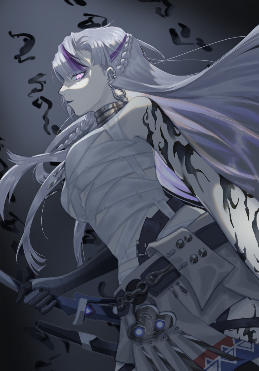 1girl, alpha_(punishing:_gray_raven), arm_tattoo, bandaged_chest, braid, ear_piercing, earrings, flame_tattoo