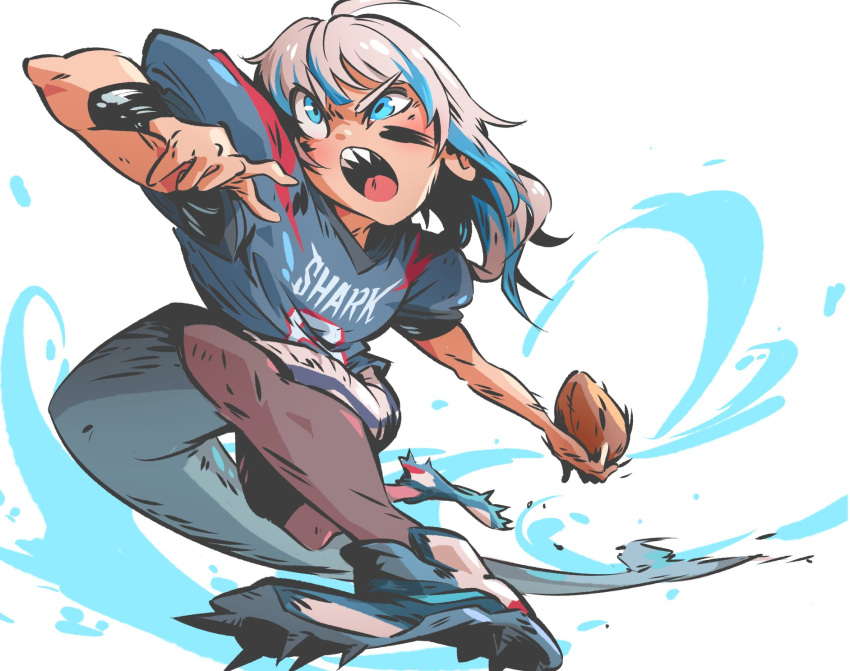 1girl, american_football, american_football_(object), american_football_uniform, ball, blue_eyes, blue_footwear, fins, fish_tail, gawr_gura, highres, hololive, hololive_english, khyle., multicolored_hair, open_mouth, print_shirt, shark_girl, shark_tail, sharp_teeth, shirt, shoes, short_sleeves, solo, sportswear, streaked_hair, tail, teeth, upper_teeth_only, virtual_youtuber, white_background, white_hair