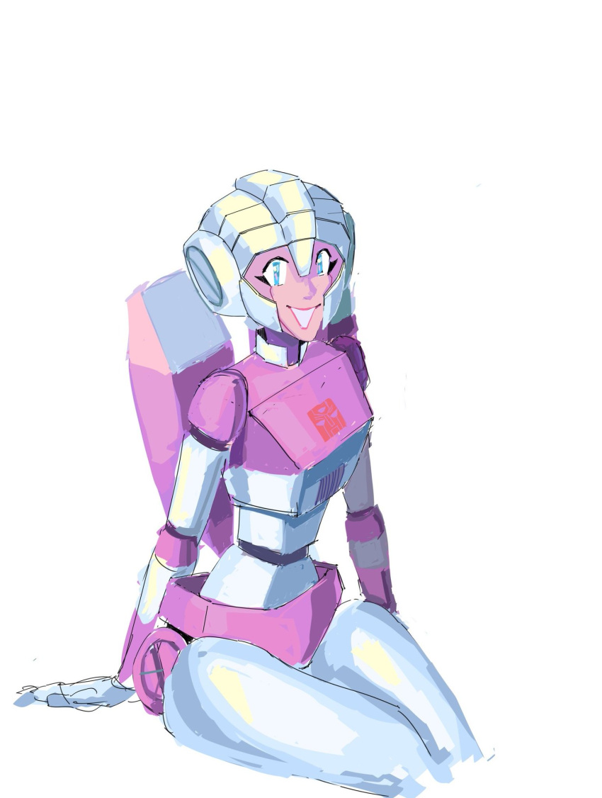 1girl, arcee, autobot, backpack, bag, blue_eyes, breasts, helmet