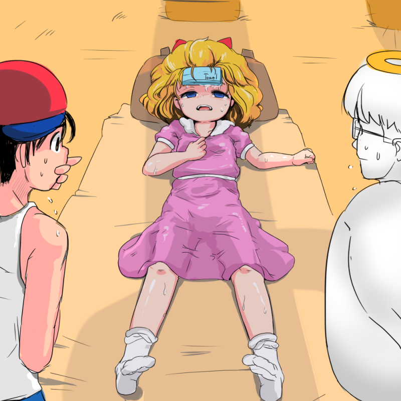 1girl, 2boys, baseball_bat, baseball_cap, blonde_hair, blue_shorts, desert, fainted, ghost, halo, hat, heat_stroke, jeff_andonuts, mother_(game), mother_2, multiple_boys, ness_(mother_2), paula_(mother_2), pink_shirt, pink_shorts, shirt, shorts, socks, turuga, white_shirt