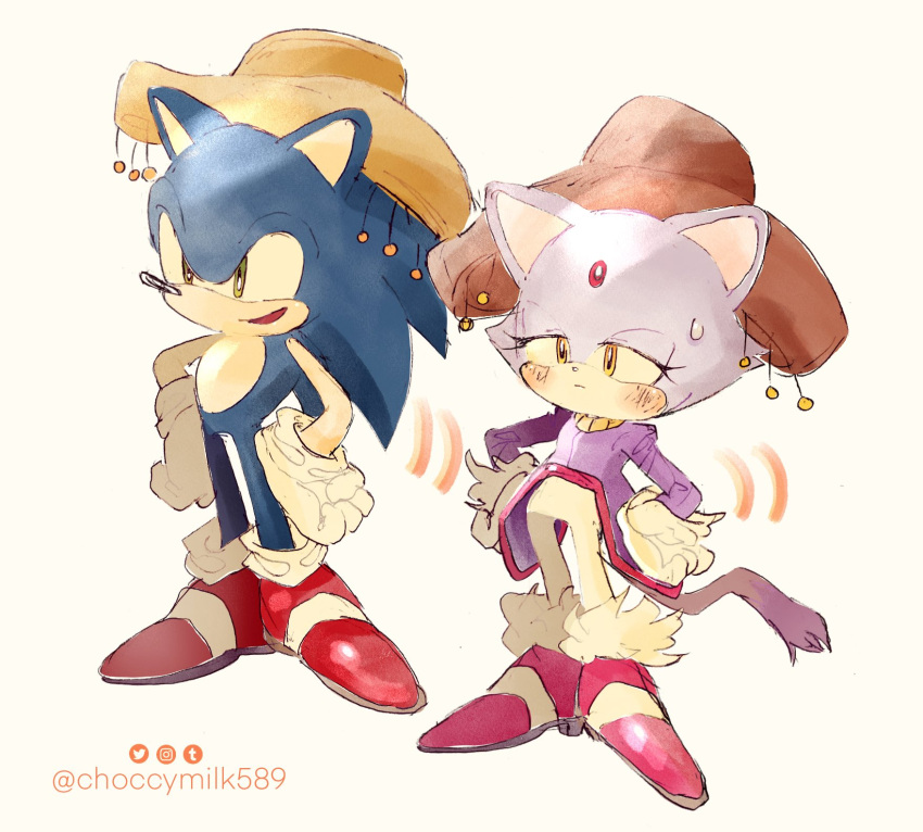 1boy, 1girl, blaze_the_cat, blue_fur, blush, cat_girl, choccymilk589, dancing