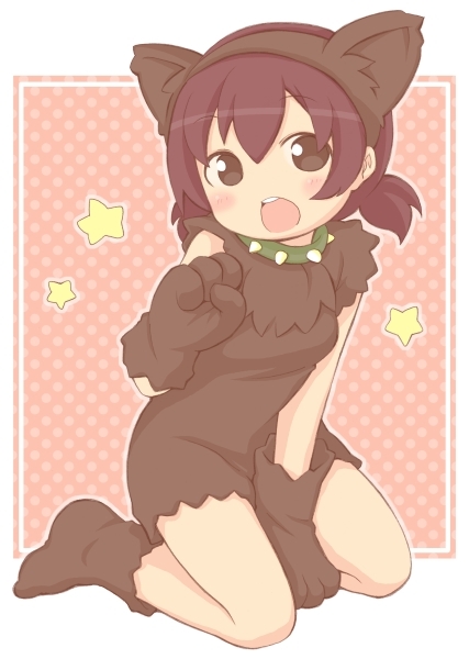 animal_ears, brown_eyes, collar, dog_ears, gloves, idu_michito, kneeling, marui_futaba