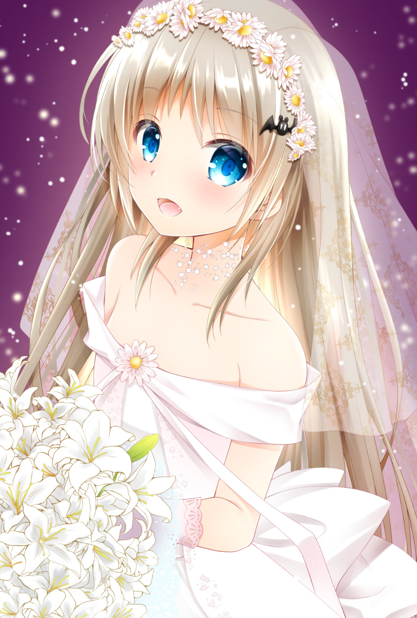 1girl, :d, bare_shoulders, bat_hair_ornament, blue_eyes, blush, bouquet, bridal_veil