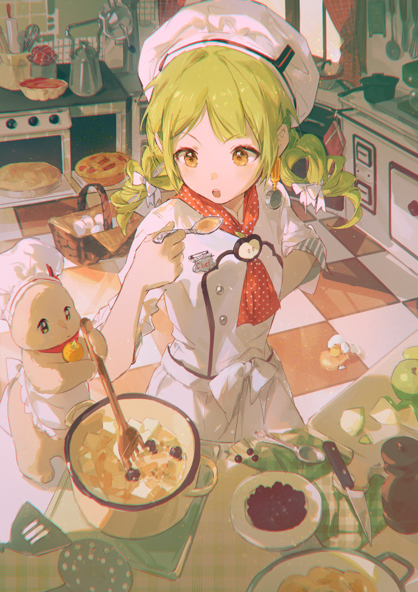 1girl, :o, animal, ascot, balabling, buttons, checkered_floor, chef, chef_hat, cooking_pot, cowboy_shot, curtains, double-breasted, food, furry, green_hair, hand_on_own_hip, hand_towel, hat, highres, holding, holding_spoon, indoors, jacket, kitchen, kitchen_knife, long_hair, long_sleeves, low_twintails, name_tag, open_mouth, orange_eyes, original, oven, pie, plate, polka_dot, raised_eyebrows, red_ascot, rolling_pin, skirt, solo, soup_ladle, spatula, spoon, stirring, table, teeth, twintails, upper_teeth_only, whisk, white_jacket, white_skirt, wicker_basket, window