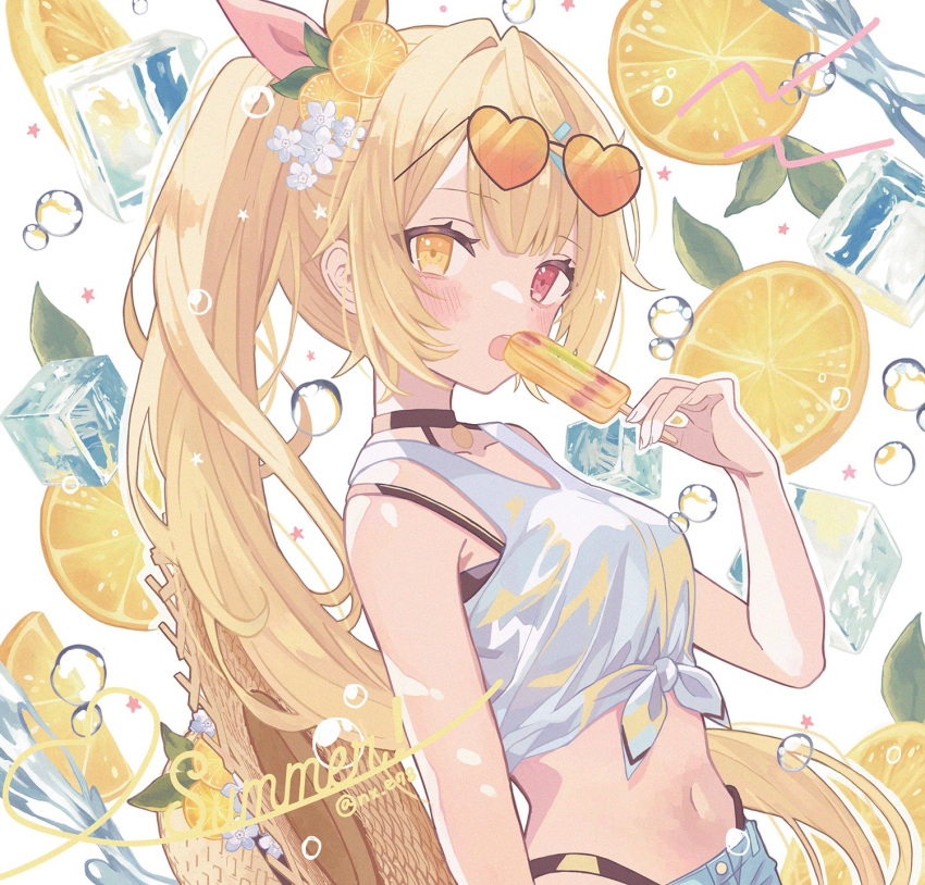 1girl, bare_shoulders, blonde_hair, blush, bra_strap, bubble, eyewear_on_head, food, food-themed_hair_ornament, from_side, fruit, hair_ornament, heart, heart-shaped_eyewear, heterochromia, highres, holding, holding_food, holding_popsicle, hoshikawa_sara, hoshikawa_sara_(1st_costume), ice, ice_cube, long_hair, looking_at_viewer, midriff, navel, nijisanji, open_mouth, orange_(fruit), orange_hair_ornament, popsicle, red_eyes, shirt, side_ponytail, sideways_glance, solo, stomach, sunglasses, tank_top, tied_shirt, twitter_username, upper_body, very_long_hair, virtual_youtuber, white_tank_top, yellow_eyes, yuzuriha_(nx_e78)