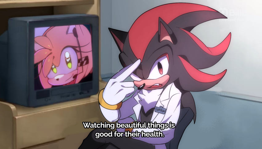 1boy, 1girl, amy_rose, animal_nose, black_fur, black_pants, blush, body_fur, bracelet, chair, closed_mouth, collared_robe, crossed_legs, crossover, english_commentary, english_text, eyelashes, fang, gloves, green_eyes, hairband, hand_up, heart, heart-shaped_pupils, highres, indoors, jewelry, kumo_zd, long_sleeves, looking_at_viewer, microphone, open_clothes, open_mouth, oshi_no_ko, pants, parody, pink_fur, red_eyes, red_fur, red_hairband, robe, shadow_the_hedgehog, sitting, smile, sonic_(series), symbol-shaped_pupils, television, tongue, two-tone_fur, wall, white_gloves, white_robe