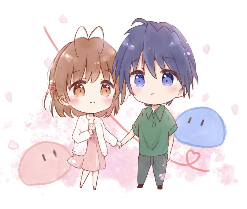 1boy, 1girl, antenna_hair, blue_eyes, blue_hair, blush, brown_eyes, brown_hair