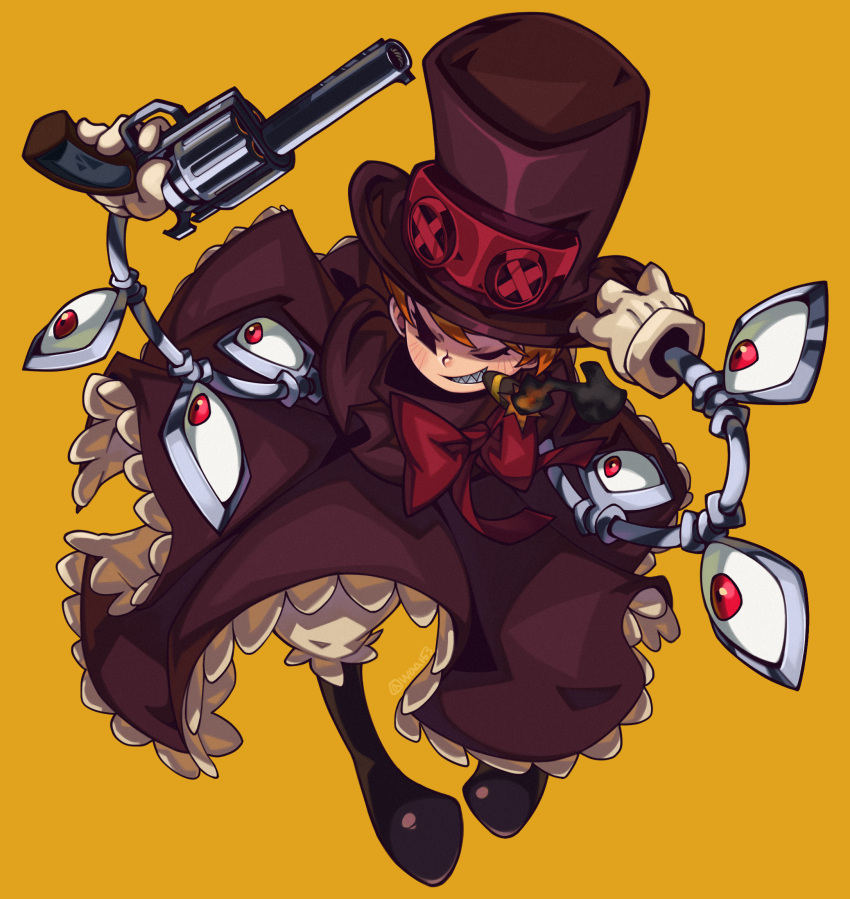 1girl, cigar, dress, extra_eyes, eye_socket, gloves, grin, gun