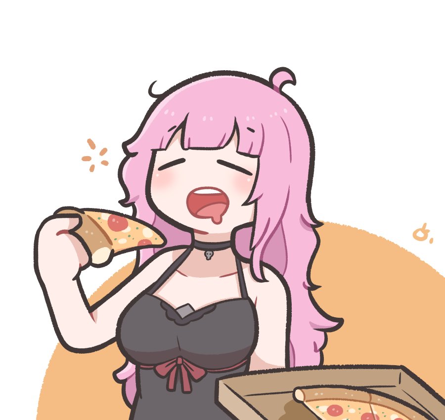 1girl, black_choker, black_nightgown, breasts, choker, closed_eyes, collarbone, eating, food, holding, holding_food, holding_pizza, hololive, hololive_english, large_breasts, long_hair, messy_hair, mori_calliope, mori_calliope_(6th_costume), nightgown, official_alternate_costume, official_alternate_hairstyle, open_mouth, pink_hair, pizza, pizza_box, simple_background, skull_choker, teeth, underdatv, upper_teeth_only, virtual_youtuber
