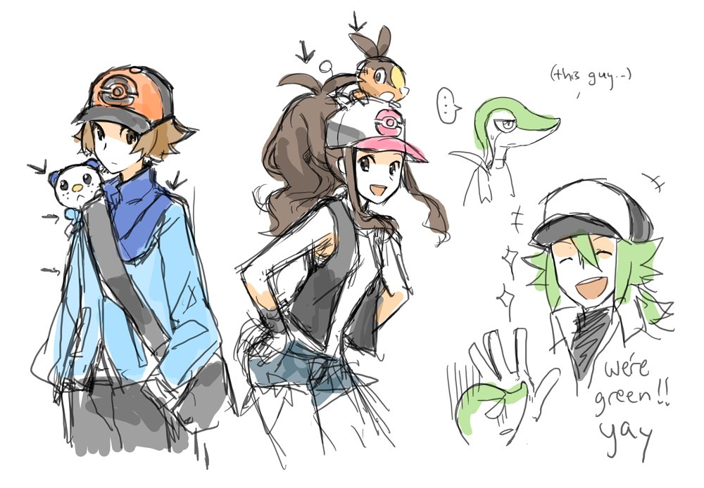 1girl, 2boys, color_coordination, directional_arrow, english, hat, multiple_boys, n_(pokemon)