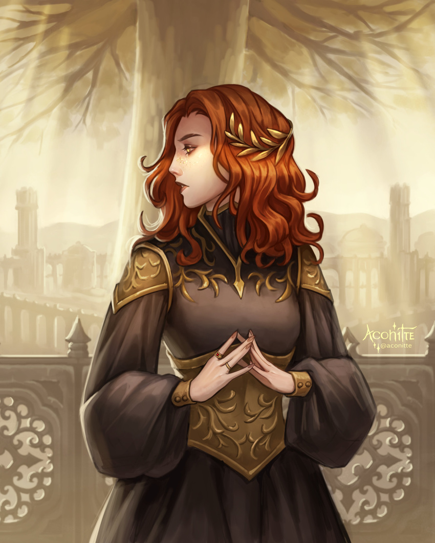 1girl, absurdres, aconitte, black_dress, cityscape, dress, elden_ring, erdtree_(elden_ring), freckles, gold_corset, high_collar, highres, jewelry, laurel_crown, long_sleeves, looking_to_the_side, lunar_princess_ranni, medium_hair, pink_nails, princess, puffy_sleeves, redhead, ring, steepled_fingers, wavy_hair, yellow_eyes