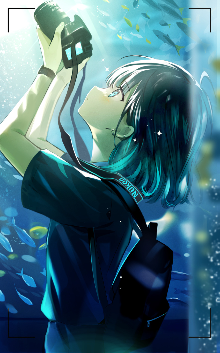 1girl, :/, ahoge, air_bubble, aqua_hair, aquarium, awestruck, backpack