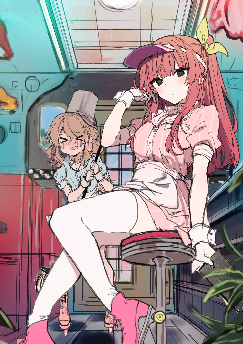 2girls, anna_(ikeuchi_tanuma), apron, arm_at_side, black_eyes, blue_shirt, blush, bucket
