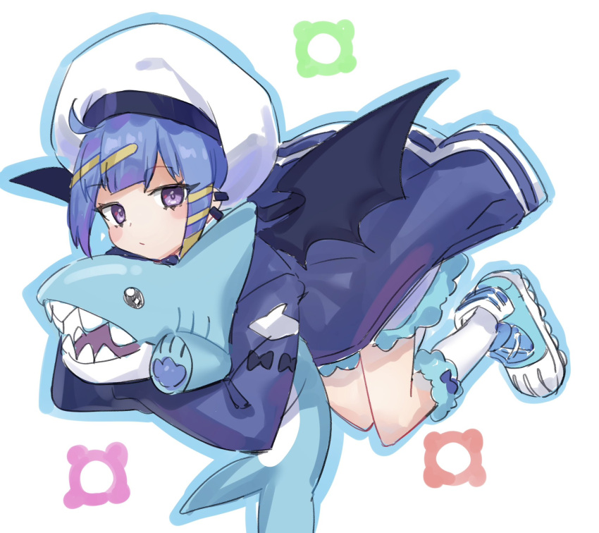 1girl, blonde_hair, blue_hair, blue_jacket, duel_monster, earclip, full_body, hat, highres, holding, holding_stuffed_toy, jacket, lil-la_(yu-gi-oh!), live_twin_lil-la, long_sleeves, multicolored_hair, nernnernneru, shoes, short_hair, solo, streaked_hair, stuffed_animal, stuffed_shark, stuffed_toy, violet_eyes, yu-gi-oh!