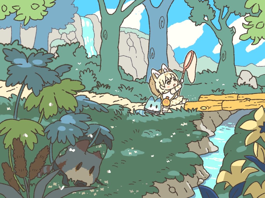 1girl, animal_ears, arms_up, blonde_hair, bridge, brown_eyes, butterfly_net, chibi
