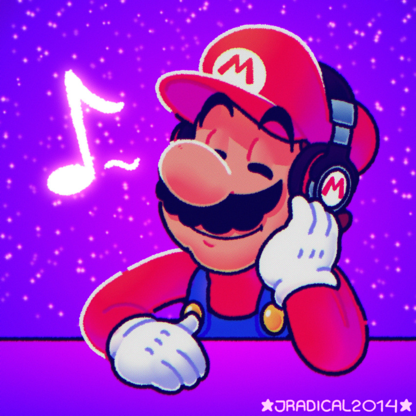 1boy, arm_on_table, big_nose, black_headphones, blue_overalls, brown_hair, buttons, cabbie_hat