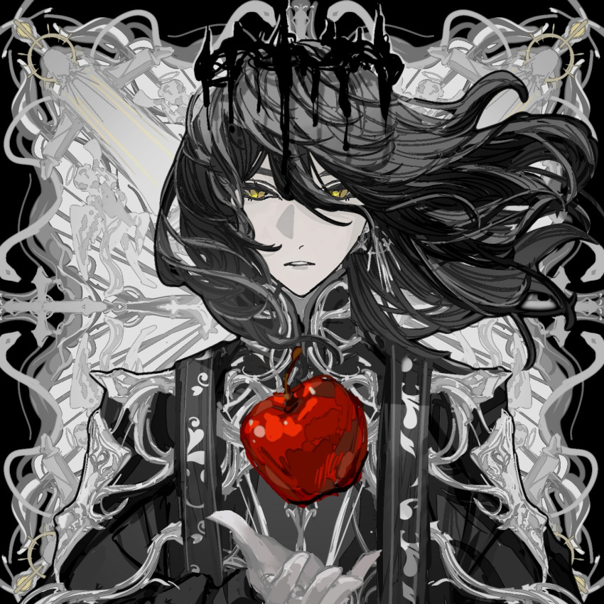 1boy, abstract_background, adam_(lord_of_the_mysteries), angel, apple, black_hair, black_halo, black_robe