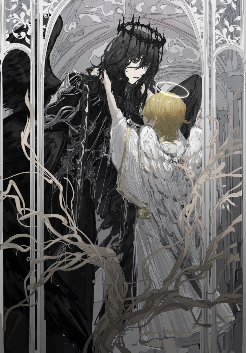 2boys, abstract_background, adam_(lord_of_the_mysteries), aged_down, angel, angel_wings, arch, black_eyes