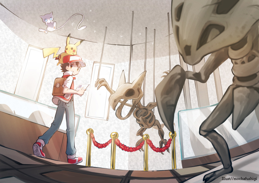 1boy, absurdres, aerodactyl, animal_on_head, animal_skeleton, backpack, bag, belt