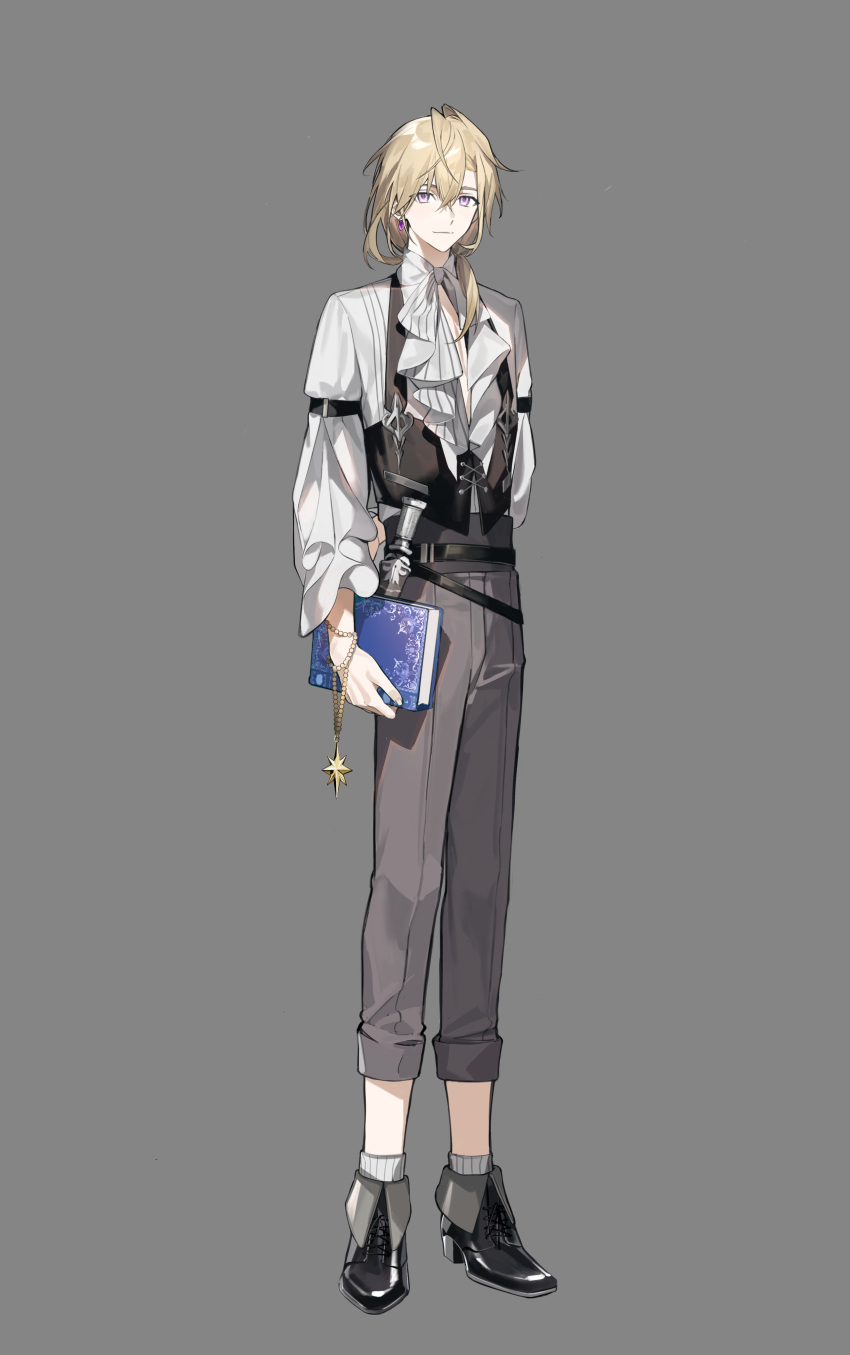 1boy, absurdres, alchemy_stars, ameinu, arm_behind_back, black_footwear, black_vest, blonde_hair