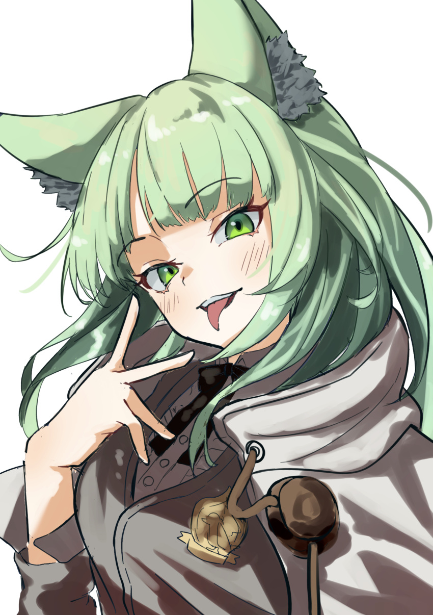 1girl, absurdres, animal_ear_fluff, animal_ears, arknights, black_bow, bow, cape, collared_shirt, commentary_request, dress_shirt, green_eyes, green_hair, grey_jacket, hand_up, harmonie_(arknights), head_tilt, highres, jacket, lamune_otohara, long_hair, looking_at_viewer, shirt, simple_background, solo, teeth, tongue, tongue_out, upper_body, upper_teeth_only, white_background, white_cape, white_shirt