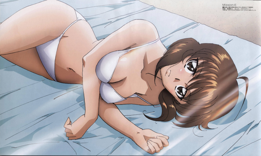 ahoge, beach, bikini, breasts, brown_hair, cleavage, code-e, highres
