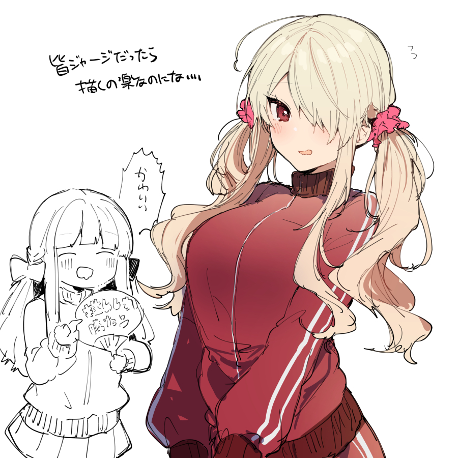 2girls, anna_(ikeuchi_tanuma), blonde_hair, blush, breasts, closed_eyes, collared_jacket, cowboy_shot