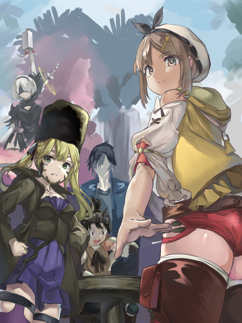 2boys, 3girls, atelier_(series), atelier_ryza, atelier_ryza_1, blindfold, blonde_hair, blurry