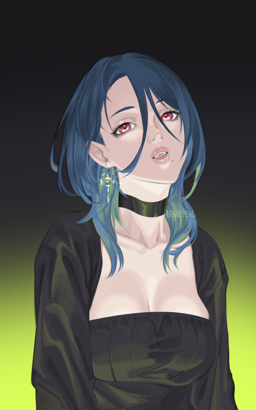 1girl, absurdres, black_dress, breasts, decoration, dress, earrings, eushufeal