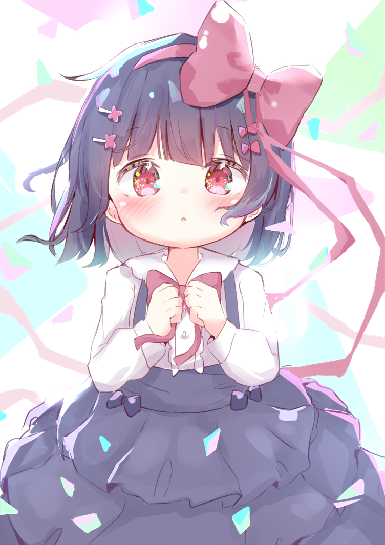 1girl, :o, black_hair, black_skirt, blush, bow, clenched_hands, collared_shirt, colored_inner_hair, dress_bow, female_child, hair_bow, hair_ornament, hairclip, looking_at_viewer, miria_(mamamamave), multicolored_background, multicolored_hair, original, parted_lips, pink_bow, red_eyes, shirt, short_hair, skirt, solo, sparkling_eyes, suspender_skirt, suspenders, white_shirt