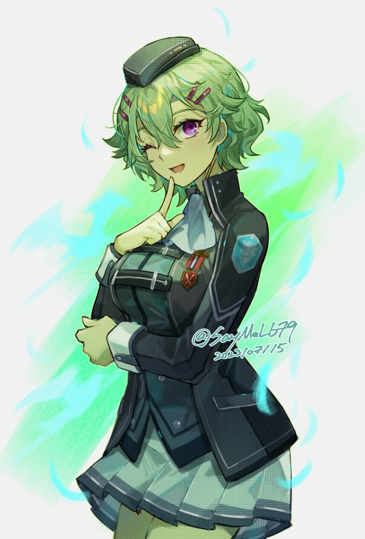 1girl, breasts, dated, double-parted_bangs, eiyuu_densetsu, finger_to_mouth, green_hair, hair_ornament