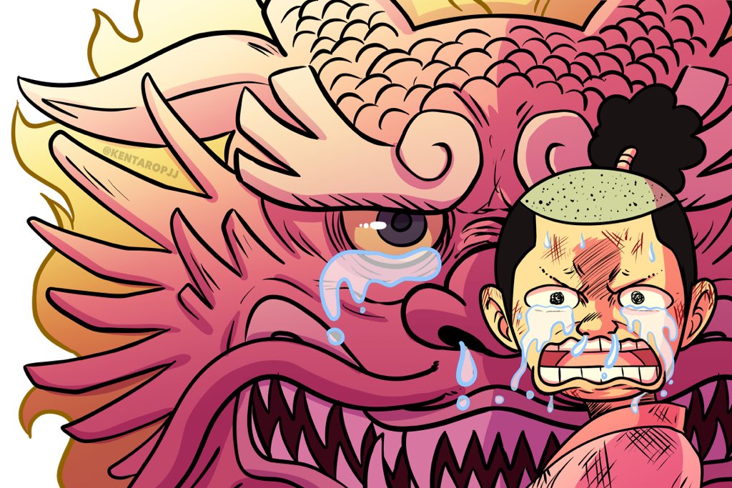 1boy, alternate_form, artist_name, black_hair, crying, crying_with_eyes_open, dragon, high_ponytail, james_valle, japanese_clothes, looking_at_viewer, momonosuke_(one_piece), one_piece, open_mouth, ponytail, short_ponytail, simple_background, solo, solo_focus, tears, teeth, traditional_clothes, white_background