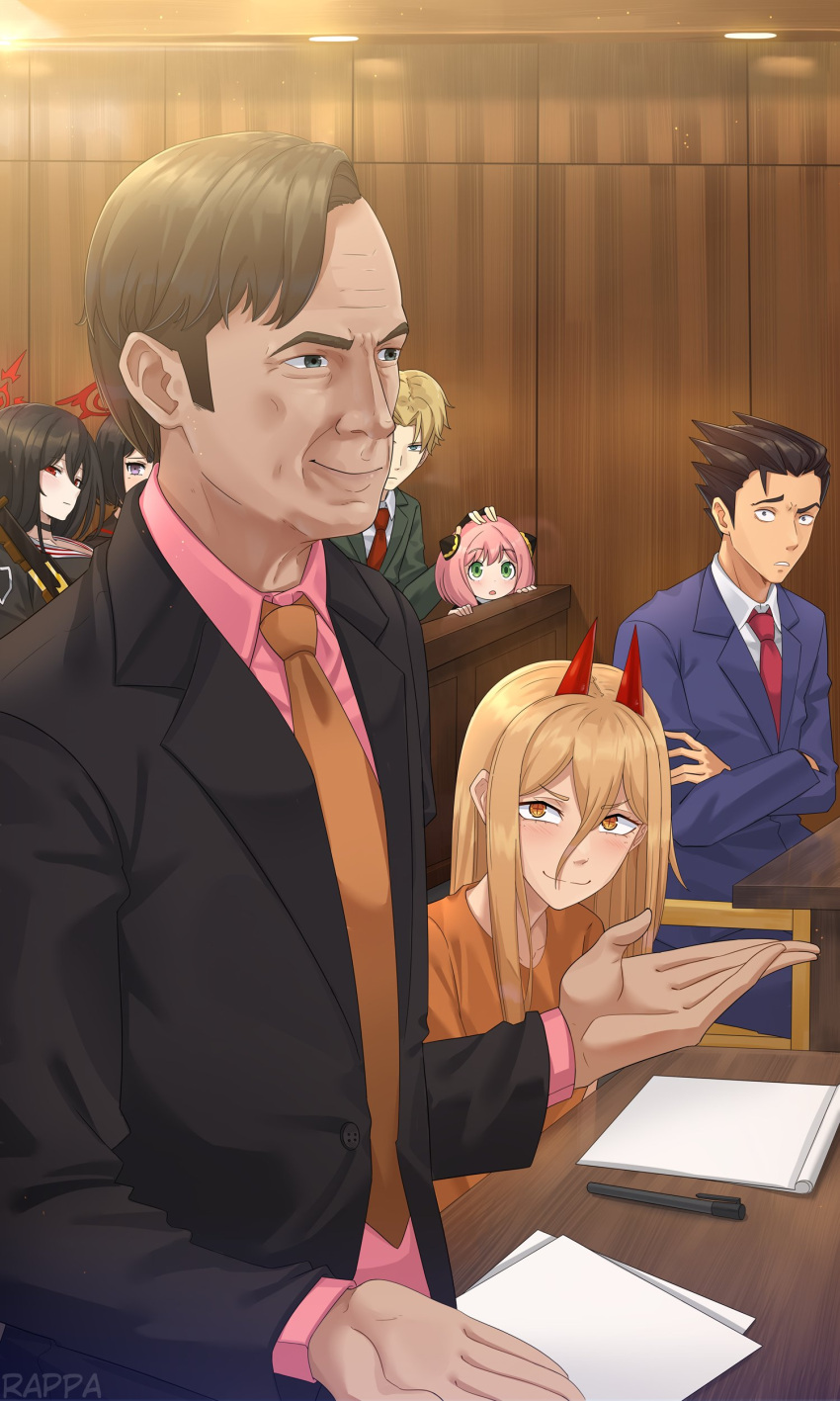 3boys, 4girls, absurdres, ace_attorney, anya_(spy_x_family), art_shift, bench, better_call_saul