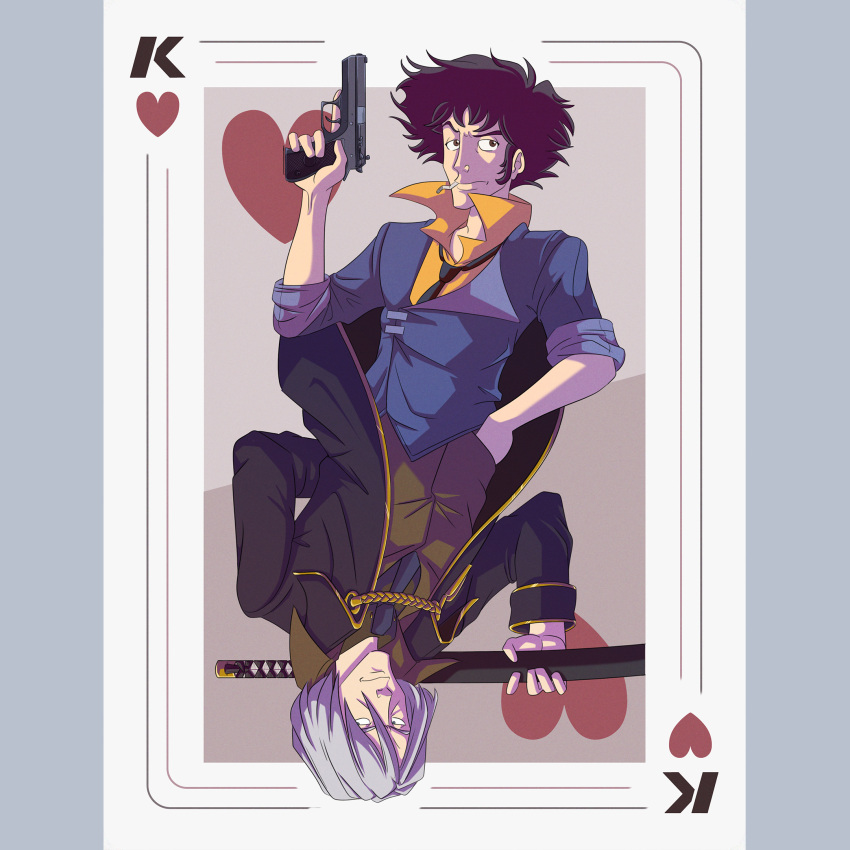 2boys, black_hair, black_necktie, card_(medium), cigarette, closed_mouth, concept_art, cowboy_bebop