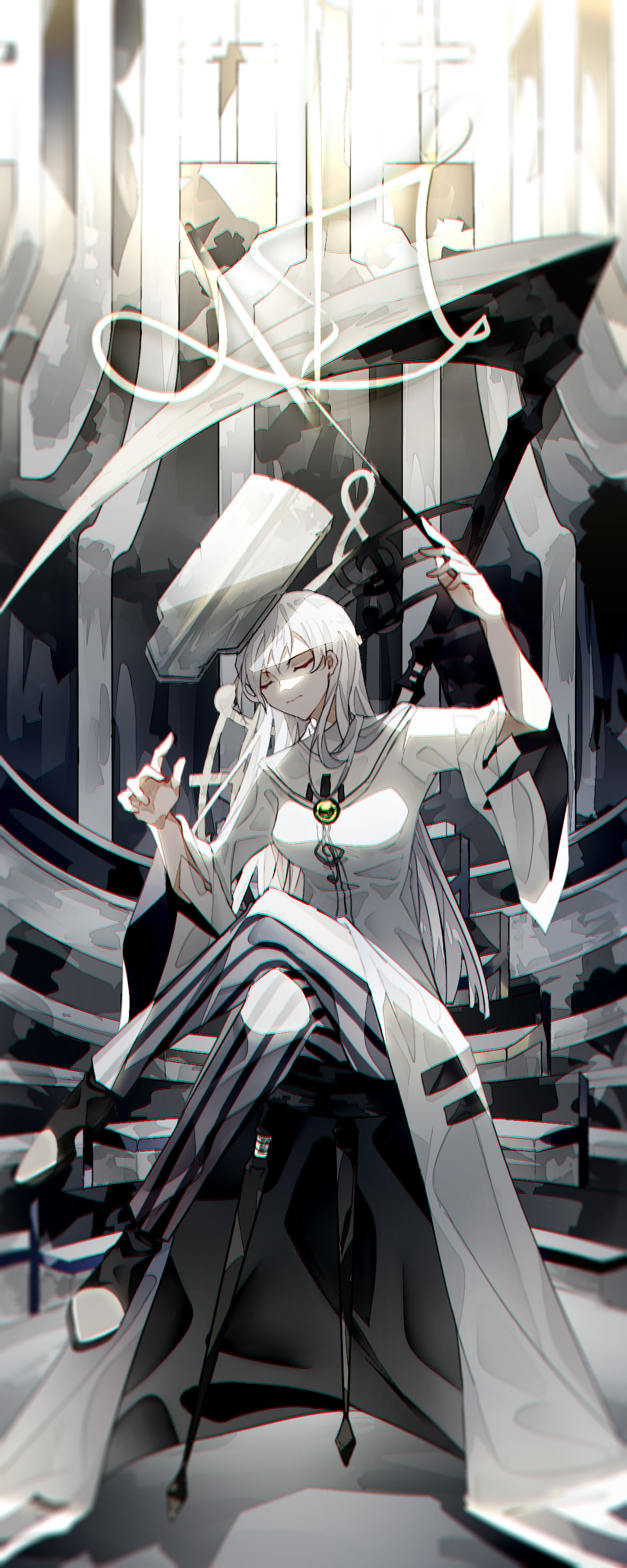 1girl, absurdres, angela_(project_moon), black_footwear, choppy_bangs, closed_eyes, closed_mouth, coat