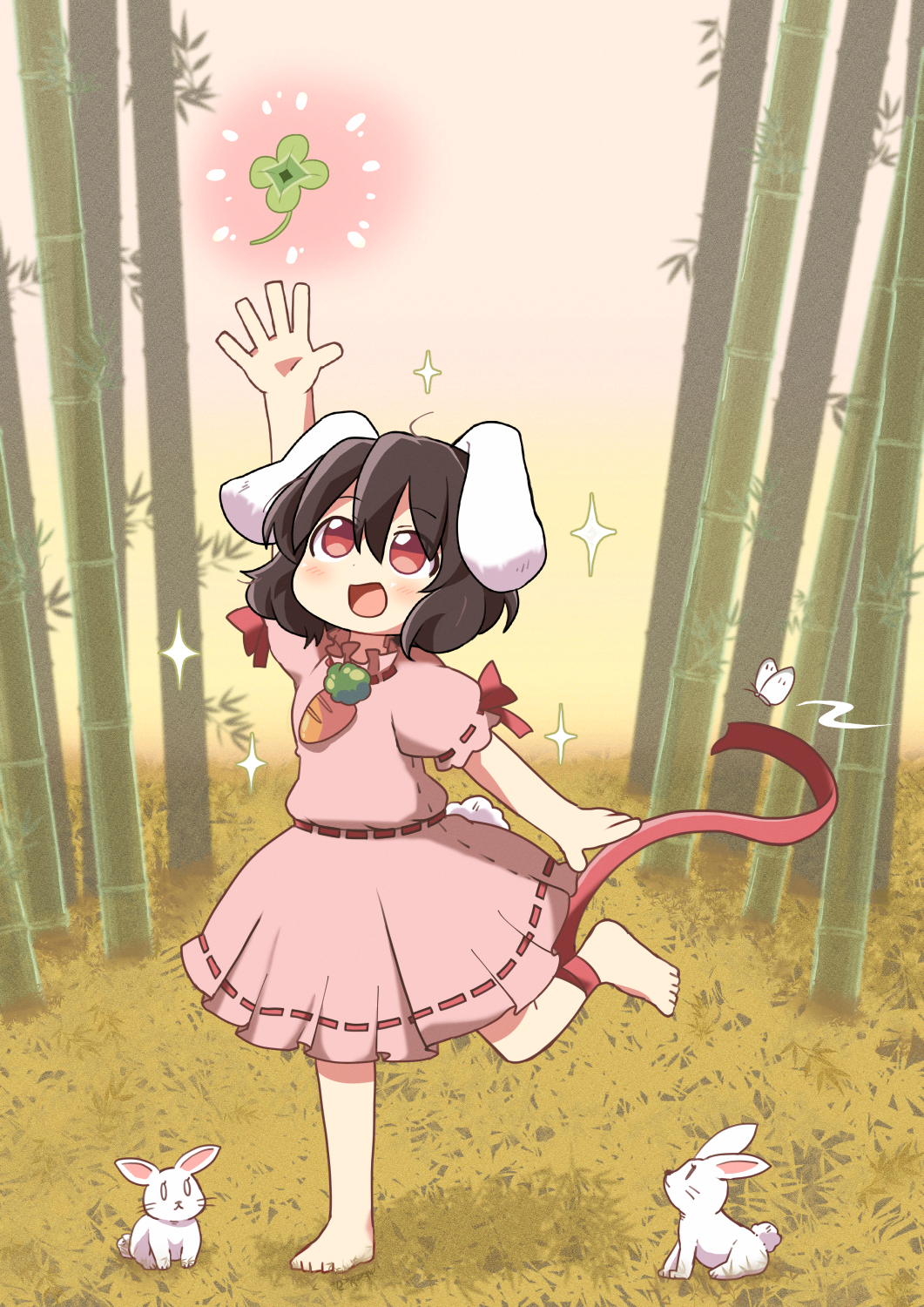 1girl, :d, animal_ears, arm_up, bamboo, bamboo_forest, barefoot, black_hair