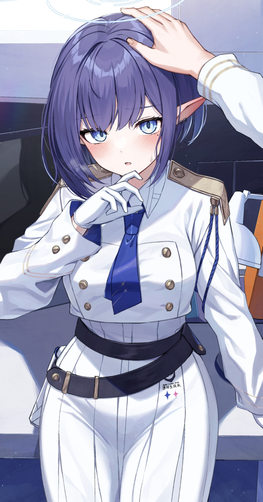 1boy, 1girl, aoi_(blue_archive), ascot, belt, black_belt, blue_archive, blue_ascot