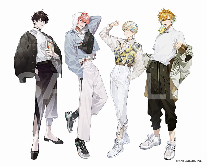 4boys, :d, ;), akagi_wen, aqua_hair, belt, belt_buckle, black_belt