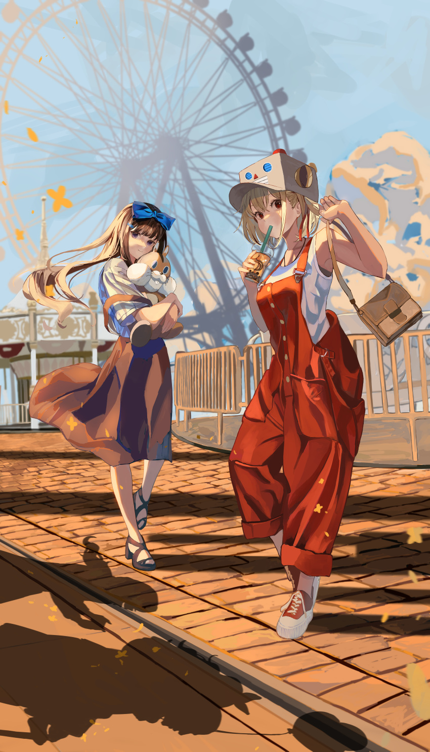 1boy, 4girls, absurdres, amusement_park, armpits, bag, balloon, black_hair